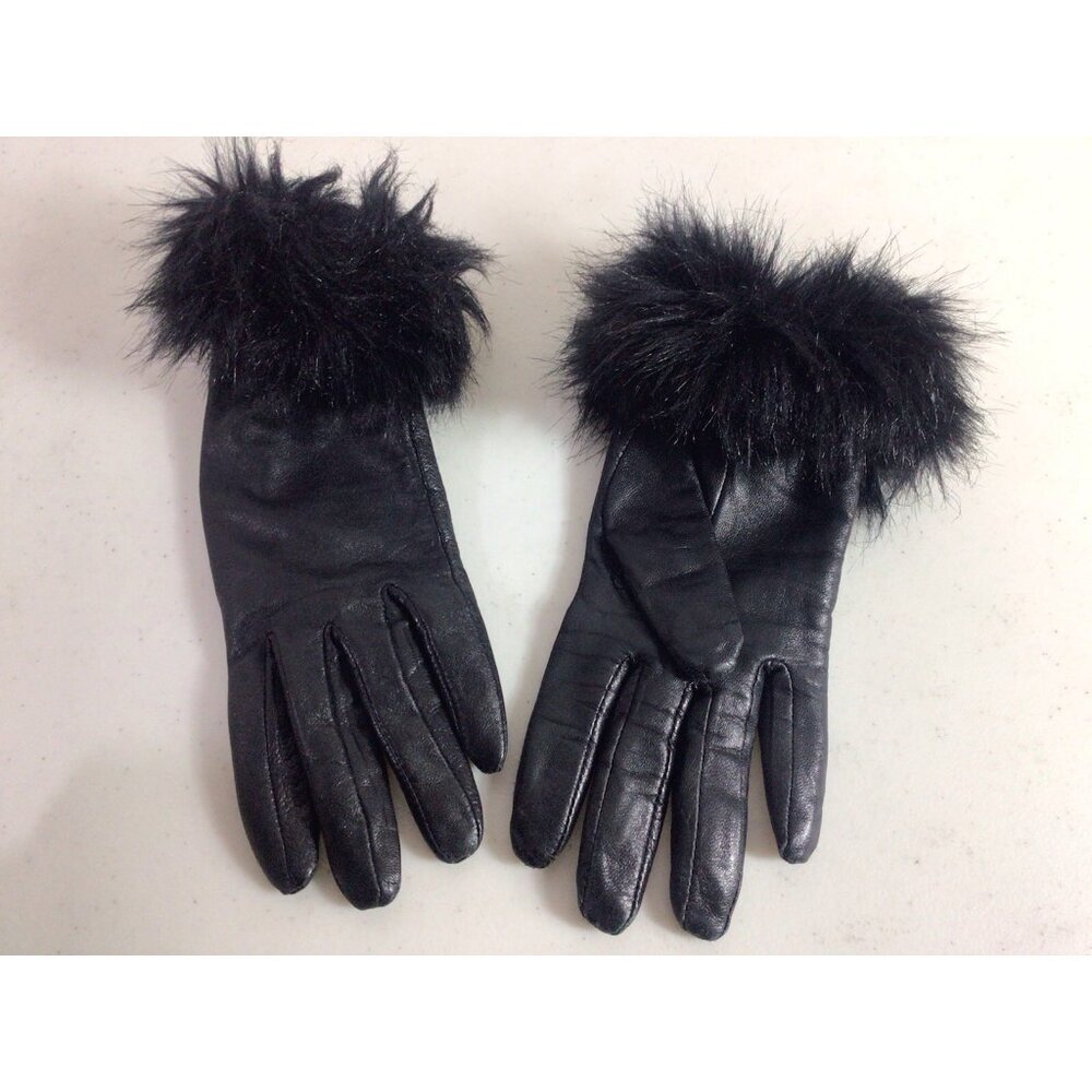 Black Leather Gloves Faux Fur Trim Womens 7